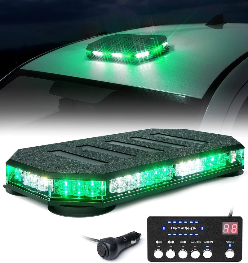 LUMENIX 42 LED Roof Top Strobe Beacon Light Bar Hazard Warning Emergency Flashing Plow Lights with Controller for Construction Vehicles Tow Trucks Snowplow Postal Cars White Green (Patent Design) - Image 1